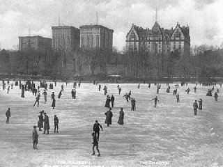 Central Park skaters, the Dakota in the background