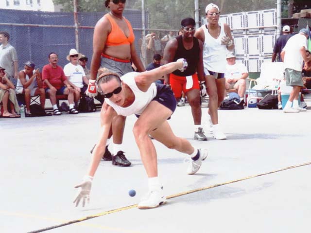 Dori about to make a great return during the 2001 Nationals Doubles match.