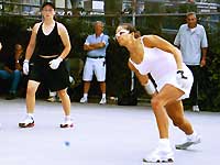 Brenda making a shot during the 2004 Women's Open Doubles.